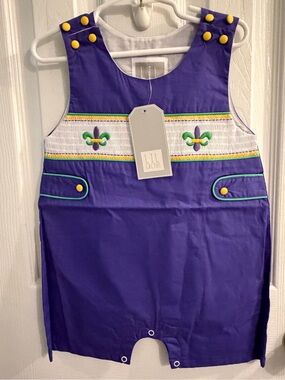 LIL CACTUS Boy's Smocked Fleur-de-lis Mardi Gras Purple Shortall/Romper Size 2T